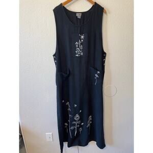 VTG Cactus California Cottage Grandma Core Boho Black Linen Floral Maxi Dress Lg